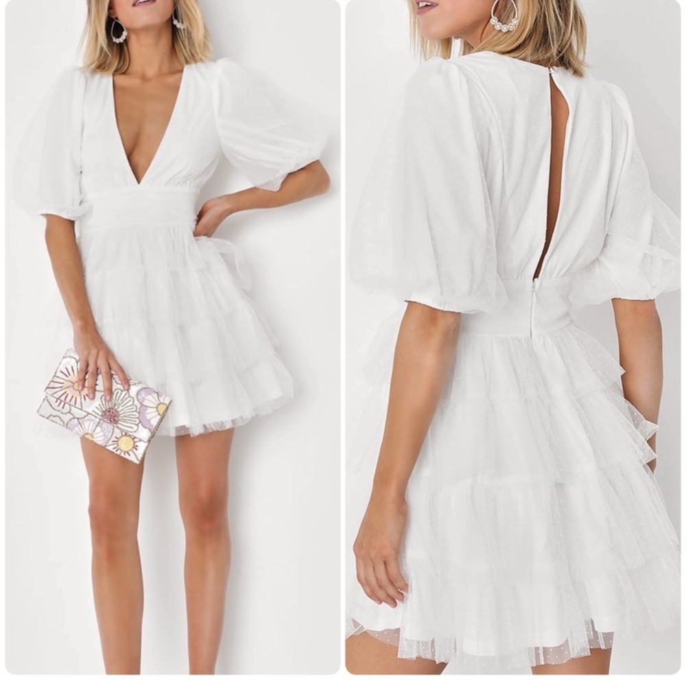 Lulus Dramatic Poise White Dot Tulle Puff Sleeve Tiered Mini Dress Large L